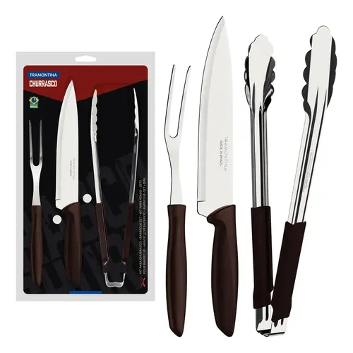 KIT PARA CHURRASCO PLENUS COM LÂMINAS EM AÇO INOX 3 PEÇAS MARROM TRAMONTINA