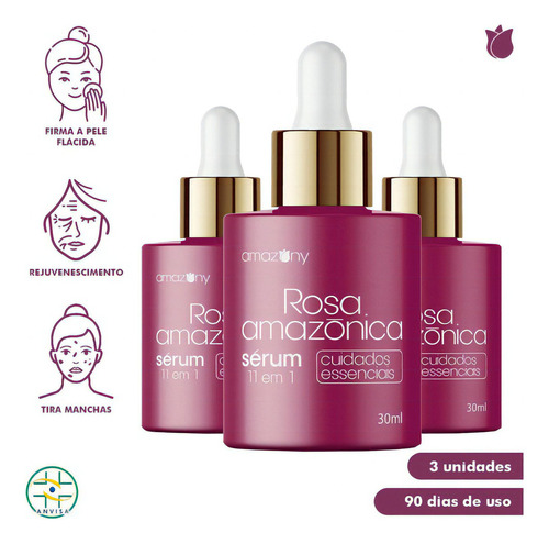 Kit 3 Rosa Amazónica - Ácido Hialurônico + Verisol - Sérum Momento de aplicação Noite Tipo de pele Todo tipo de pele