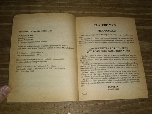 Platero Y Yo - J. Jiménez. Biblioteca Anteojito Azul N° 7 (Usado)