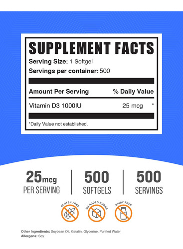 Bulksupplements Vitamina D3 1000 Iu Cápsulas Blandas 500u