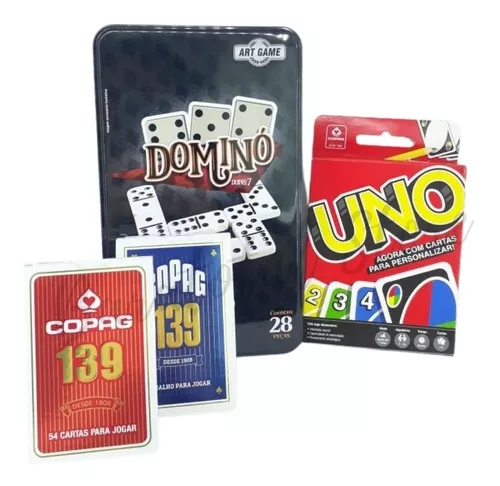 Kit 3 Jogos De Mesa Dominó + Uno + 2 Baralhos Cartas Truco