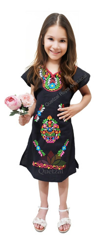 Vestido Artesanal Mexicano Bordado Típico De Niña Kimono