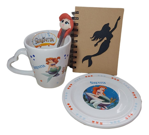 Set De La Sirenita/ariel Con Taza, Plato, Libreta Y Cuchara