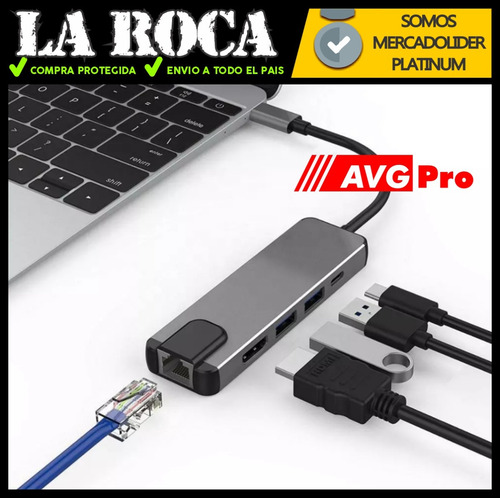 Imagen 4 de 10 de Adaptador Hub 5 En 1 Usb C Macbook Pro Hdmi Rj45 Usb Cuo
