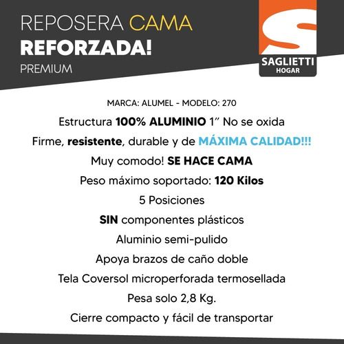 Reposera Cama Aluminio Alta Reforzada 120 Kilos Alumel 270