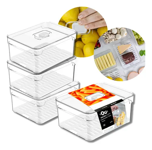 Kit 4 Organizadores de Geladeira com Tampa e Cesto Escorredor em Acrílico Transparente Âncora Shopp