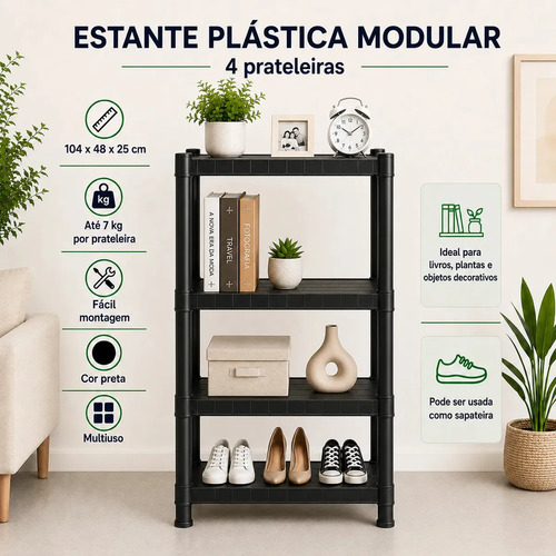 Estante Plastica Modular 4 Prateleiras Multiuso Organizadora Preta - Marianopole