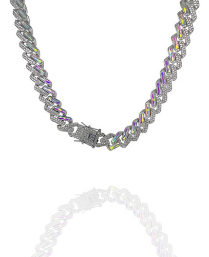Cadena Collar Cubano Full Ice Drip Tornasolado Acero Plateado
