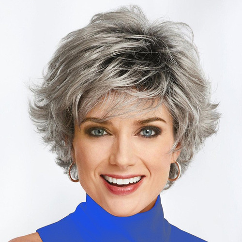 Peluca Ombre De Mujer, Corta Y Despeinada, Gris Degradado