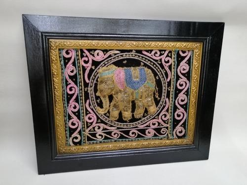 Cuadro Antiguo Hindu Elefante Sagrado En Gobelino Bordado 