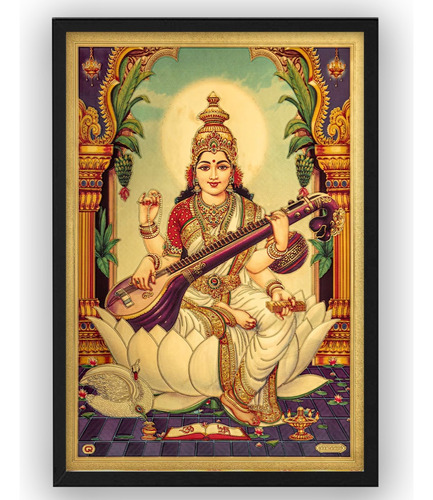 Cuadro Diosa Saraswati Hindú Hinduism India Madera Vidrio 11