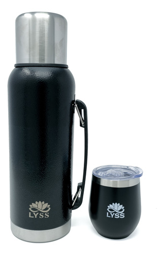 Termo Doble Acero Inox. 1l + Mate 220ml . Con Tapa Negro