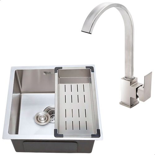 Kit Cuba Gourmet Cozinha 44x44 Inox Com Torneira Monocomando Cor Escovado