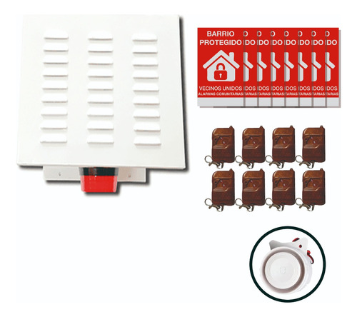 Kit Alarma Comunitaria 15w 110 Db + 8 Controles + 8 Carteles