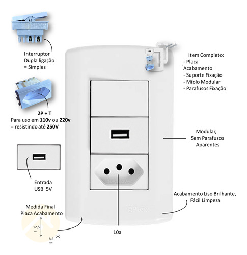 Interruptor Simples + Tomada 10a + Tomada Usb Pluzie 4x2