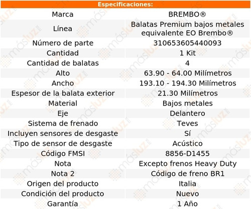Balatas Bajos Metales Del Jeep Grand Cherokee 12/14 Brembo