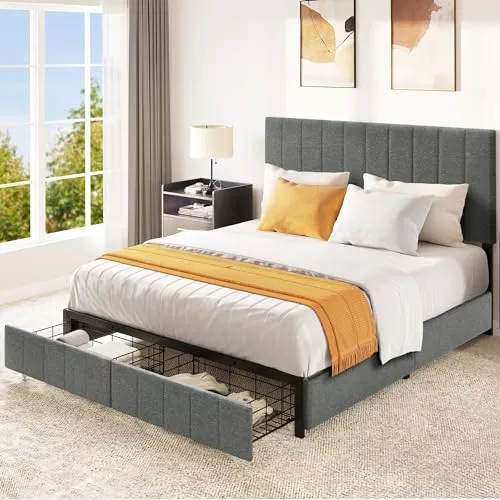 Cama de almacenamiento tamaño Queen Cama de cama tapizada con plataforma  con 3 cajones (gris)