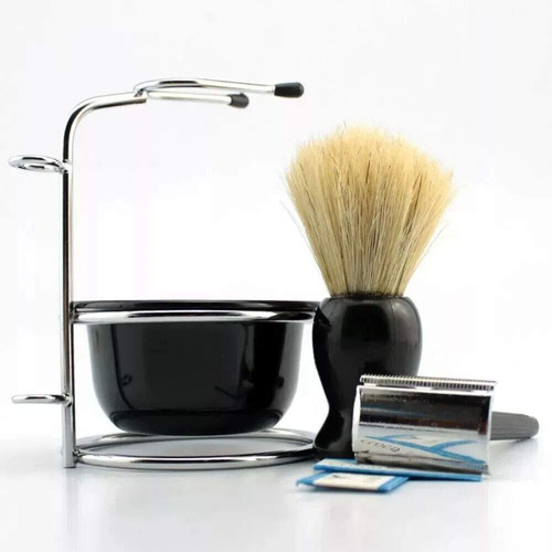 Imagem 2 de 3 de Kit Barba Conjunto Barbear Luxo Com Lâmina Pincel & Suporte