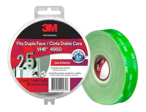 Cinta De Doble Contacto Bifaz Exterior 3m Vhb 4950 19mm X 5m