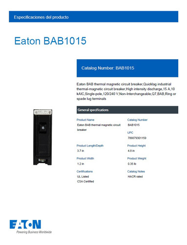 Interruptor Caja Moldeada Bab 1p 15a 220 - Eaton