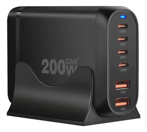 Cargador Rapido Multiple Tecnologia Gan 200w 4 Usb C 2 Usb A