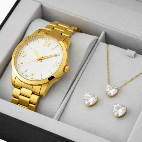 Kit Relógio Feminino Prata De Pulso Colar Par Brincos Moda Dourado