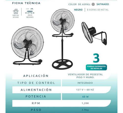 Ventilador Pedestal 3 En 1 Aspas Metalicas 3 Vel 18 Pulgadas