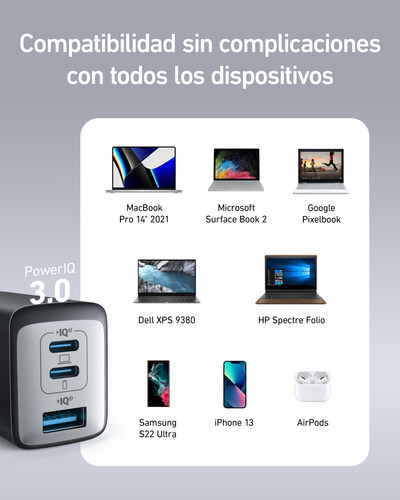 Anker Cargador 735 Carga Rápida 65w, 3 Puertos, Tamaño Chico