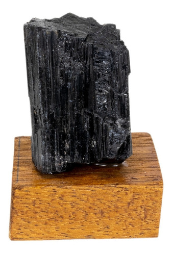 Pedra Turmalina Negra Bruta Cristal Natural Base De Madeira
