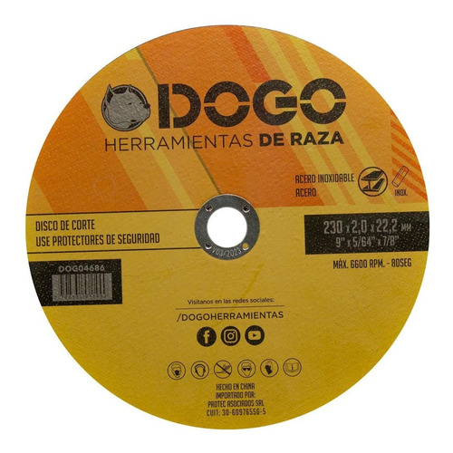 Disco Corte Amoladora 230 X 2mm Metal Acero Inox Dogo X25 Color Amarillo