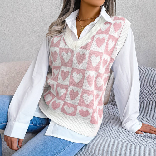 Chaleco De Punto Sweet Love Pattern Para Mujer Con Cuello En