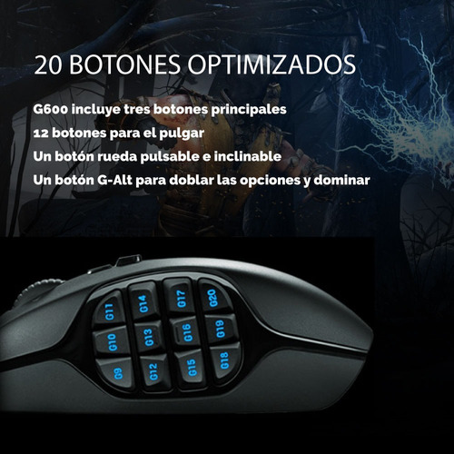 Imagen 8 de 10 de Mouse Gamer Logitech G600 20 Botones 8200 Dpi Luz Usb Pce