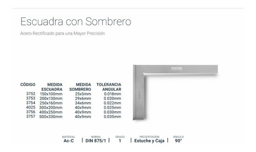 Imagen 3 de 5 de Escuadra Con Sombrero 90 Grados 200 X 130 Mm Bremen 3753