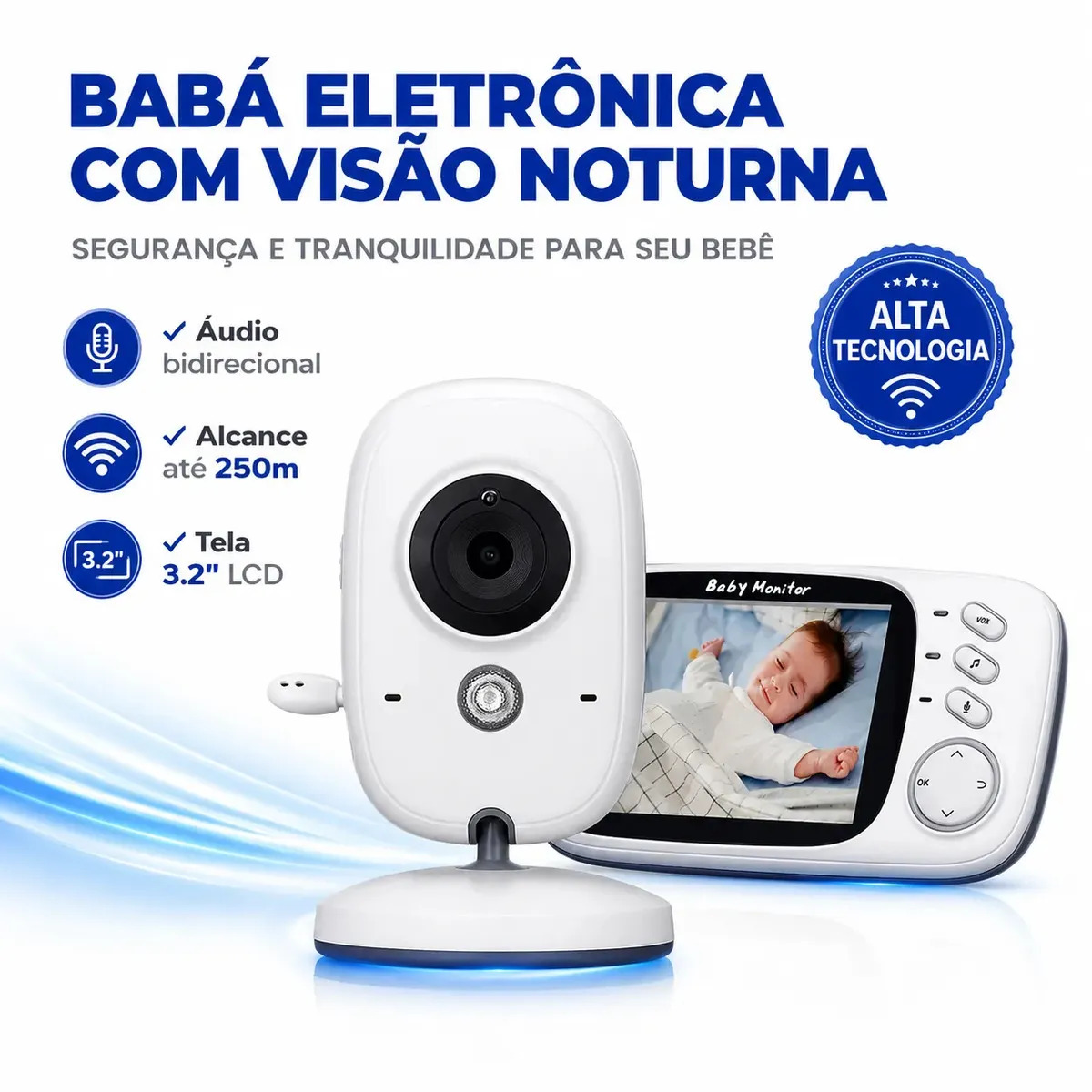 Babá Eletrônica Baby Monitor VB603 Sem Fio Visão Noturna Áudio Bidirecional LCD 3.2 VOX Sensor Temperatura - DDM Leds