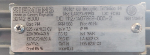 Motor Trif 1/3cv 220/380/440v 6polos Siemens 1la7073-6eb90
