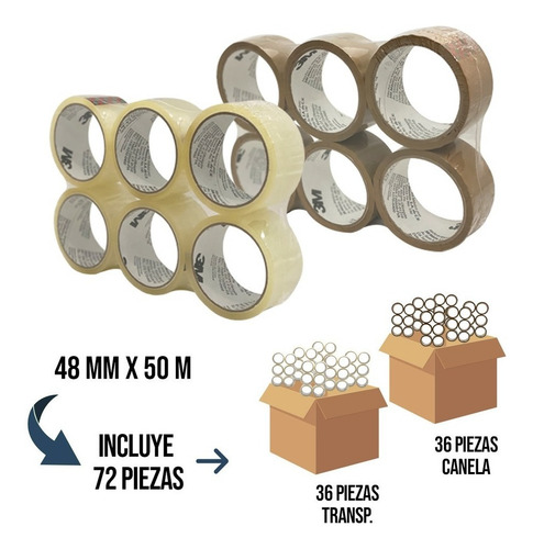 Kit 72 Pz 3m Cinta Empaque 365 Canela, Transparente 48mmx50m