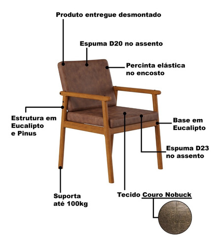 Poltrona Up Com Base De Madeira Nobuck Marrom