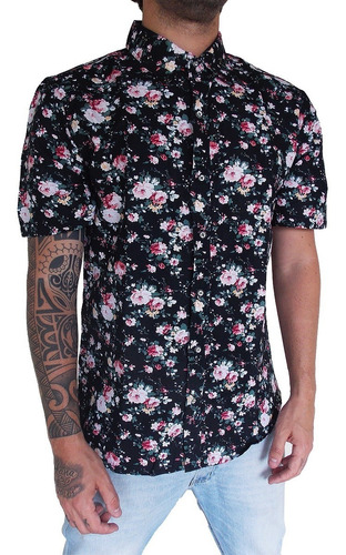 Camisa Estampada De Botão Manga Curta Floral, Havaiana