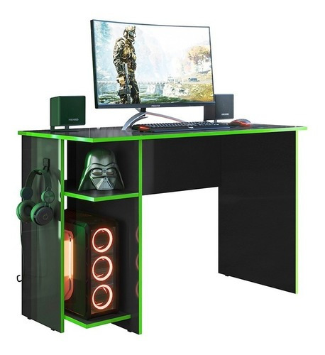 Mesa Gamer 2 Prateleiras Preto Fosco/verde 3875 - Qmovi Cor Preto/Verde