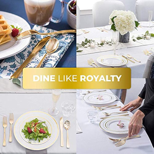 Platos De Plástico Elegantes Blancos Y Dorados De 125 Piezas