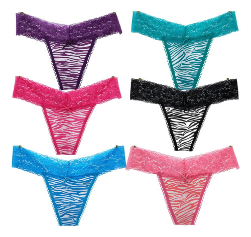 Pack De 6 Tanga Con Cinta Encaje Mujer Ropa Interior Bragas