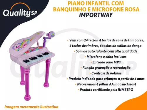 Piano Infantil Musical Microfone E Banquinho Função Gravação Cor Rosa Pilha