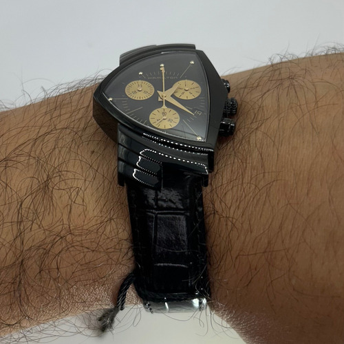 Reloj Hamilton Ventura L Chrono Quartz Unisex H24402730 Correa Negro Bisel Negro Fondo Negro