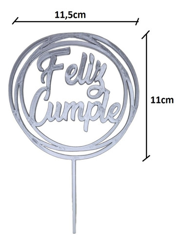 Cake Topper Adorno Torta Feliz Cumple + Vela Mágica Plateado Feliz Cumple
