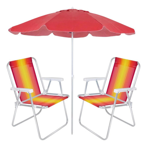 Guarda Sol Vermelho 2 M + 2 Cadeiras De Praia Em Aluminio