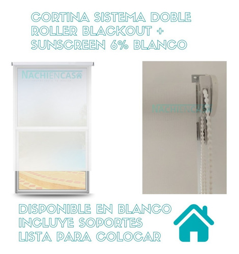 Cortina Roller Doble Blackout Sun Screen 6% Blanca 1.30x1.25