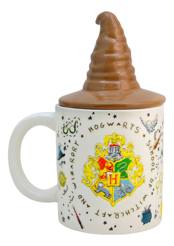 Taza Grande Cerámica Con Tapa 3d Personajes Animados 532 Ml Color Blanco Sombrero Seleccionador Harry Potter