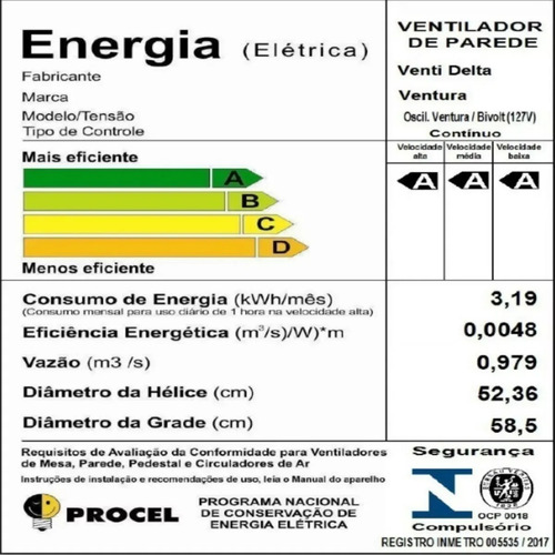 Imagem 3 de 3 de Ventilador De Parede 50cm Ventura Oscilante Preto Bivolt 6p
