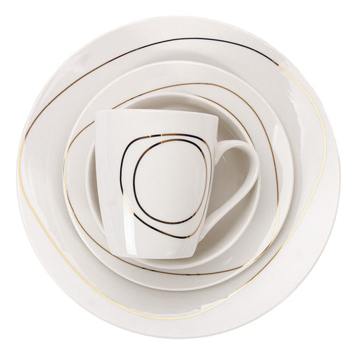 Vajilla Porcelana Crown Baccara Tulula 16 Piezas Blanco Líneas Doradas