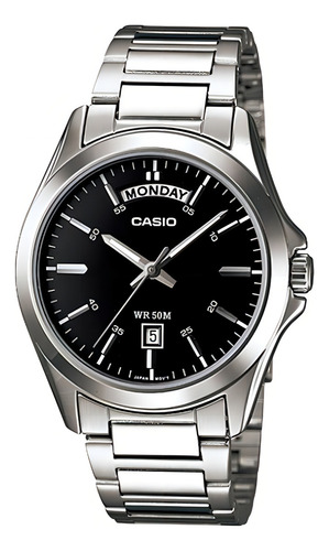 Relógio masculino Casio MTP-1370-1a Silver Date Relojesymas Cor da pulseira: prata, moldura, cor de fundo preta